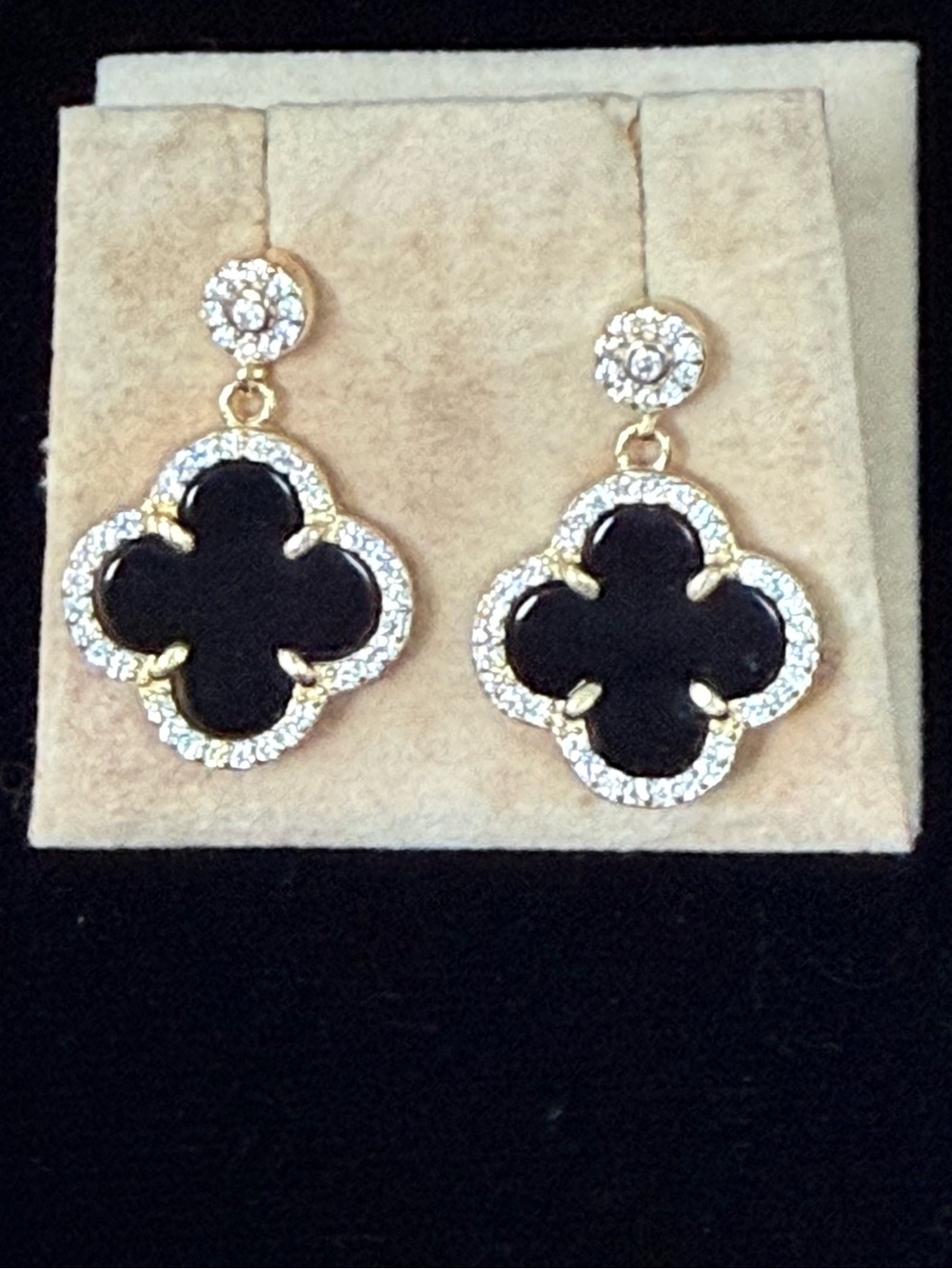 Sterling Silver 925 Black Clover Drop Earrings with Cubic Zirconia Crystal Halo